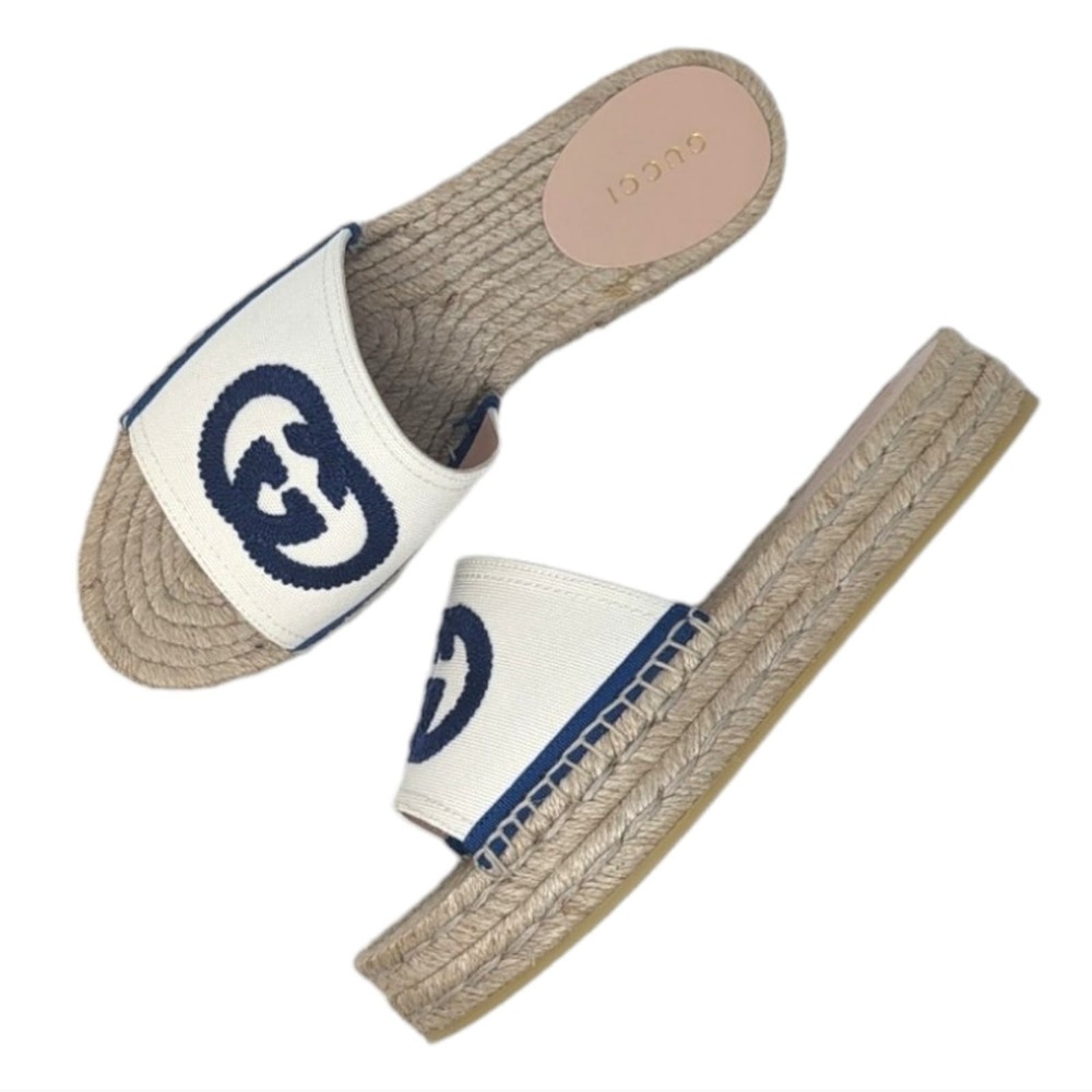 GUCCI Pilar GG logo mule slide sandal espadrilles white blue 36.5